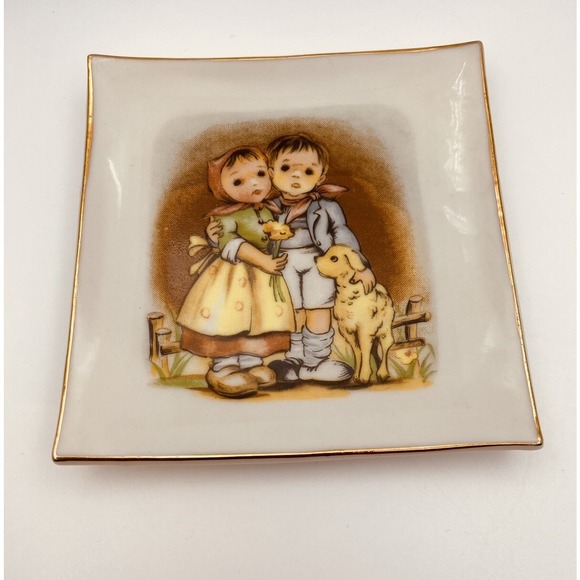 Vintage Goebel Hummel Style Porcelain Plate Trinket Dish Children Dog Gold - Picture 2 of 6